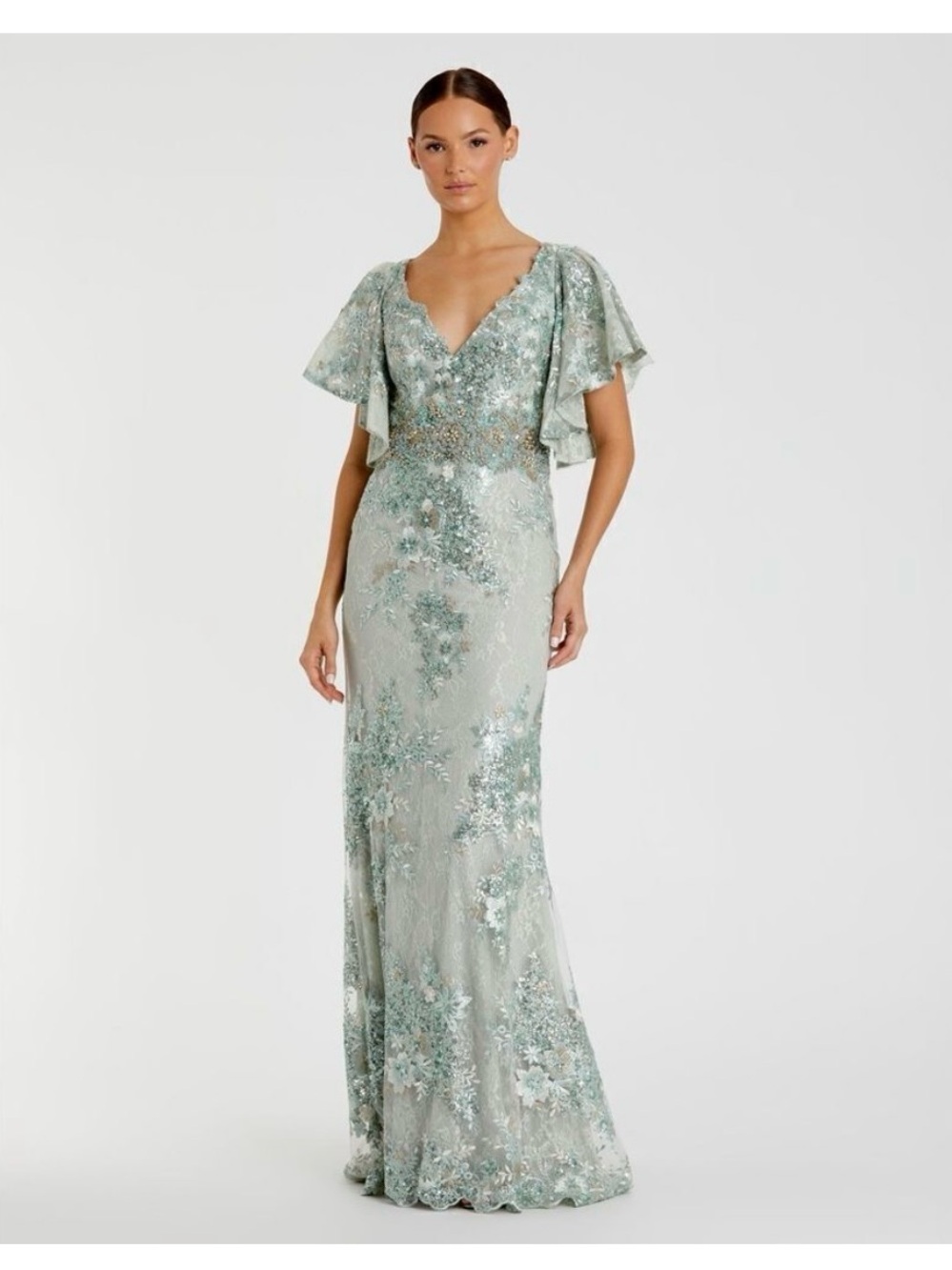 MAC DUGGAL 67842 Womens Green Bell Sleeve Floral Embellished Gown